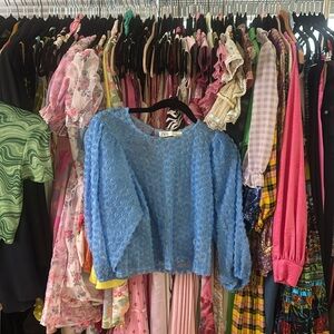 Blue mesh rosette top